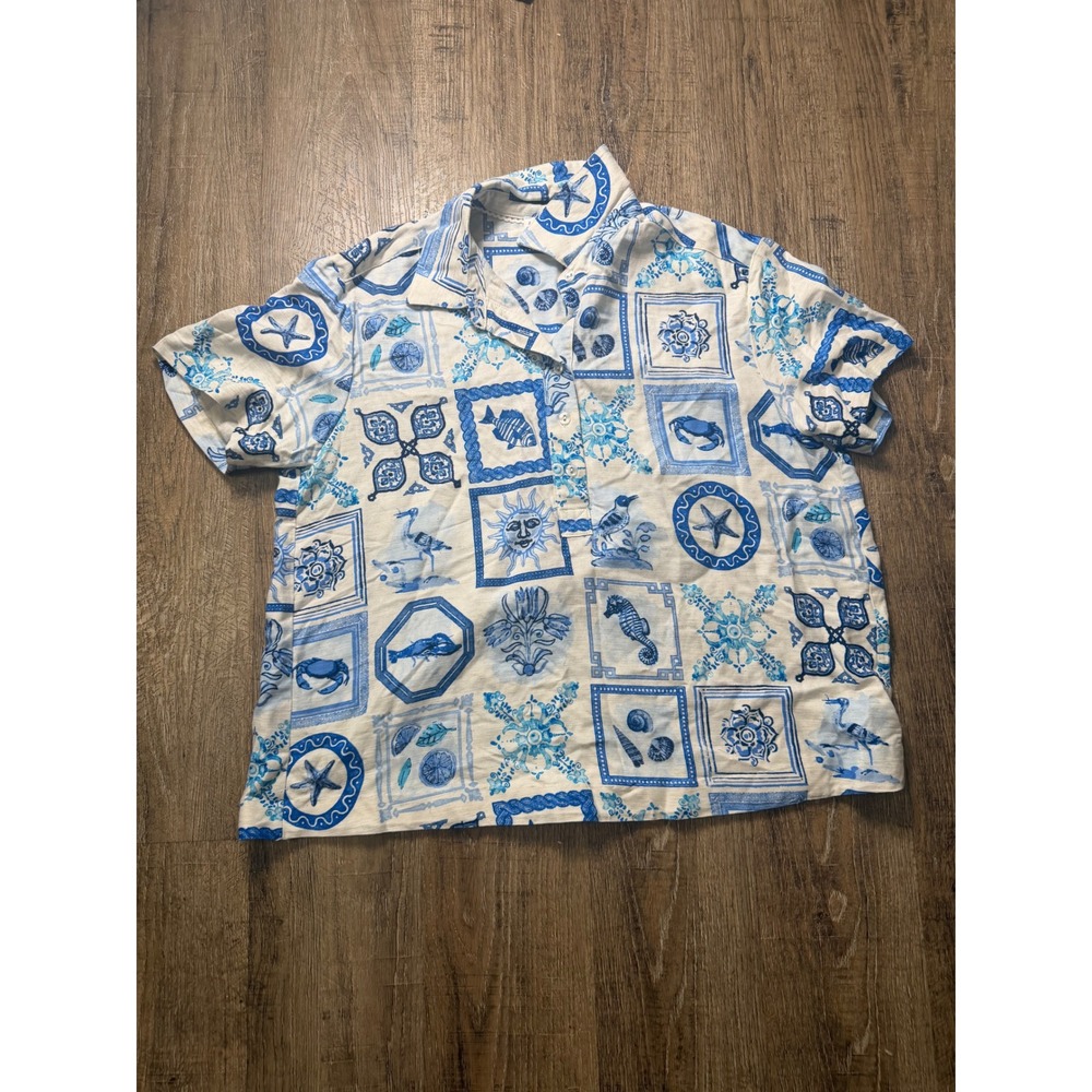 Jane + Delancey Nautical Sea Life Tile Print Linen Blend Shirt Blue White Medium